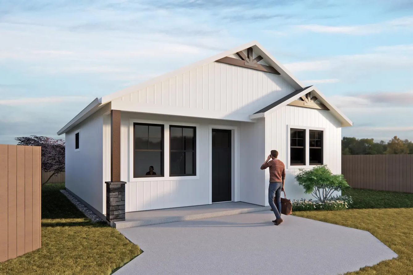 Rendering of a white single-level cottage with a covered entry